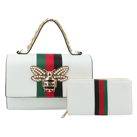 Queen Bee Stripe Satchel 2 in 1 - White